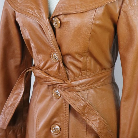 Vintage Boho 70's Leather Trench Coat with Hood Size S - Picture 4 of 14